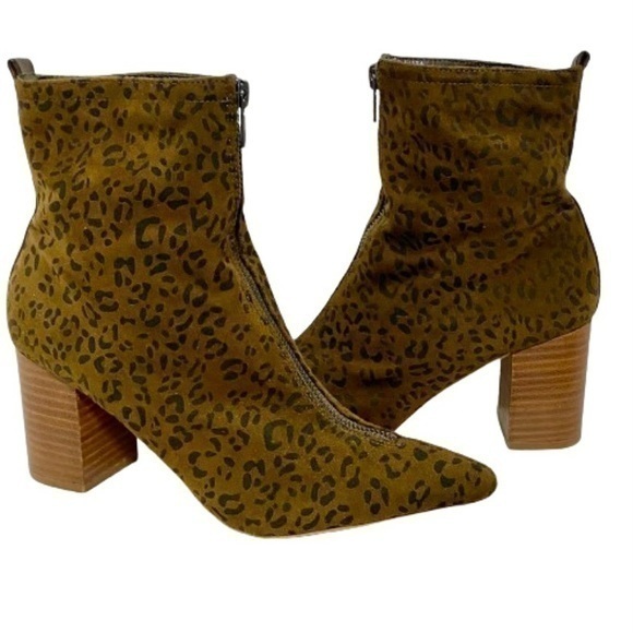 Shoes - Leopard print faux suede zip up block heel boot 8